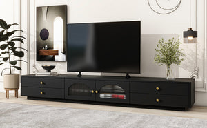 English Elm On-trend Fluted Glass Media Console Low Profile Matte Finish Living Room Tv Stand Black WF311903AAB