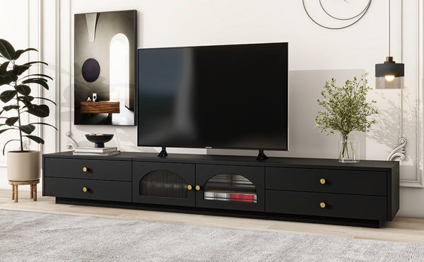 English Elm On-trend Fluted Glass Media Console Low Profile Matte Finish Living Room Tv Stand Black WF311903AAB