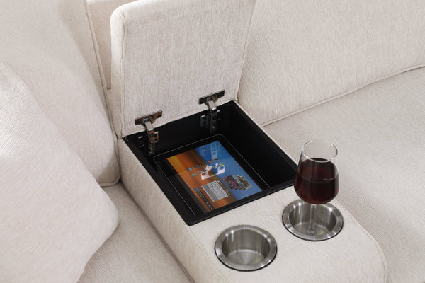 English Elm Ted Sectional Sofa with Ottoman Beige Chenille — USB Cupholder Console, Removable Cushions, Modular Comfort B102S00034