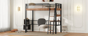 English Elm Metal Twin Loft Bed with Built-In Desk, Storage Shelf & Ladder — Industrial Space-Saving Design, Sturdy GX001119AAB