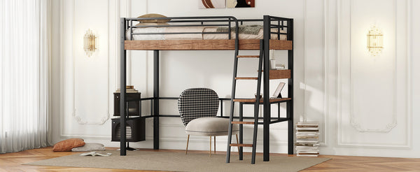 English Elm Metal Twin Loft Bed with Built-In Desk, Storage Shelf & Ladder — Industrial Space-Saving Design, Sturdy GX001119AAB