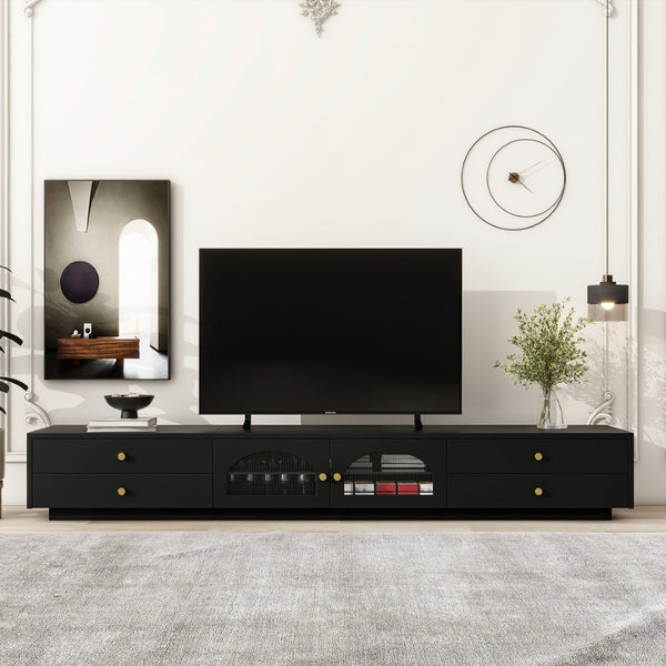 English Elm On-trend Fluted Glass Media Console Low Profile Matte Finish Living Room Tv Stand Black WF311903AAB