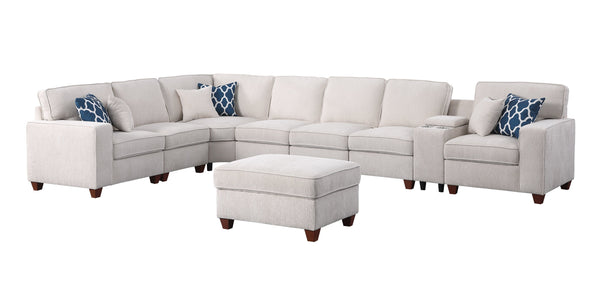 English Elm Ted Sectional Sofa with Ottoman Beige Chenille — USB Cupholder Console, Removable Cushions, Modular Comfort B102S00034