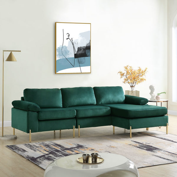 English Elm Shannon Plush Velvet Sectional Sofa with Chaise — L-Shaped Modern Design, Removable Cushions, Foam Support Green B102S00013