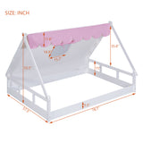 Hearth and Haven Wooden Full Size Tent Bed with Fabric For Kids, Platform Bed with Fence and Roof, White+Pink WF308364AAH