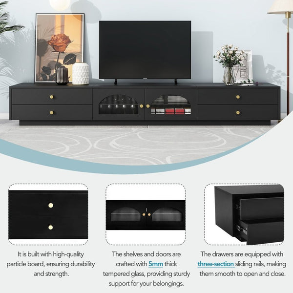 English Elm On-trend Fluted Glass Media Console Low Profile Matte Finish Living Room Tv Stand Black WF311903AAB