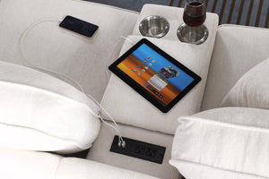 English Elm Rene Beige Chenille Sectional Sofa with Ottoman, USB Cupholder Console, Removable Cushions, Versatile Rearrangeable Arms B102S00030