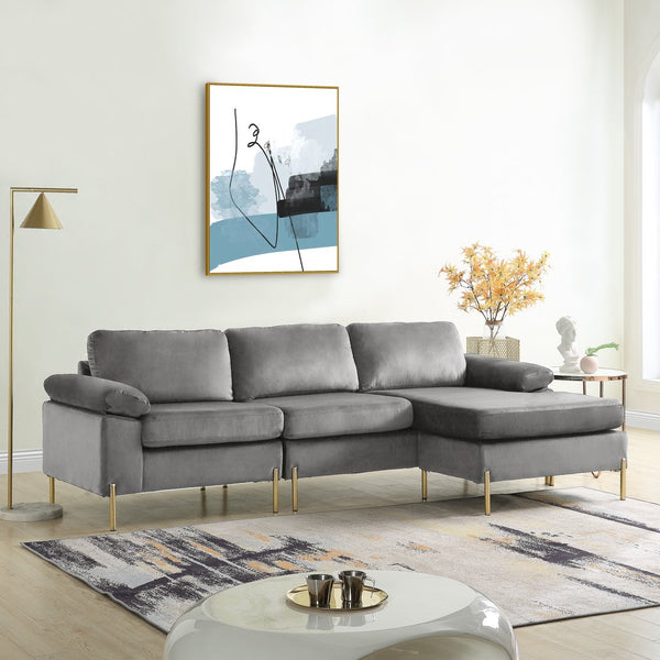 English Elm Shannon Plush Velvet Sectional Sofa with Chaise — L-Shaped Modern Design, Removable Cushions, Foam Support Gray B102S00011