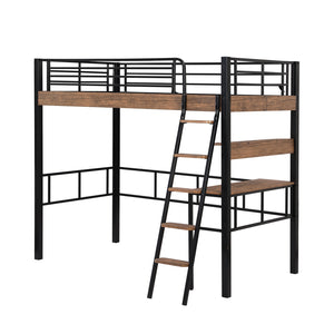 English Elm Metal Twin Loft Bed with Built-In Desk, Storage Shelf & Ladder — Industrial Space-Saving Design, Sturdy GX001119AAB
