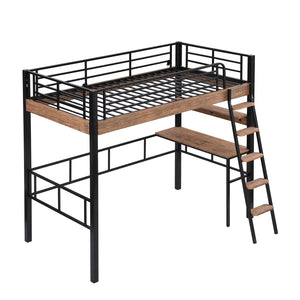 English Elm Metal Twin Loft Bed with Built-In Desk, Storage Shelf & Ladder — Industrial Space-Saving Design, Sturdy GX001119AAB