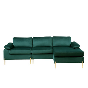 English Elm Shannon Plush Velvet Sectional Sofa with Chaise — L-Shaped Modern Design, Removable Cushions, Foam Support Green B102S00013