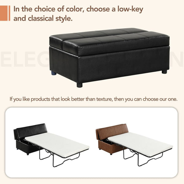 English Elm Twin Folding Ottoman Guest Sleeper Pu Leather Convertible Bed for Studio Apartments Black Pu WF307724AAB