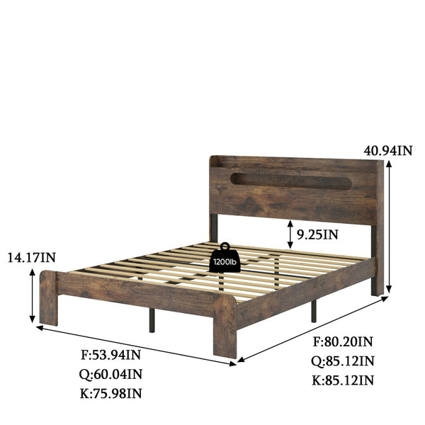 English Elm Bed Frame Full Platform with Led Headboard Usb Charging Wood Slats Under Storage W636131366