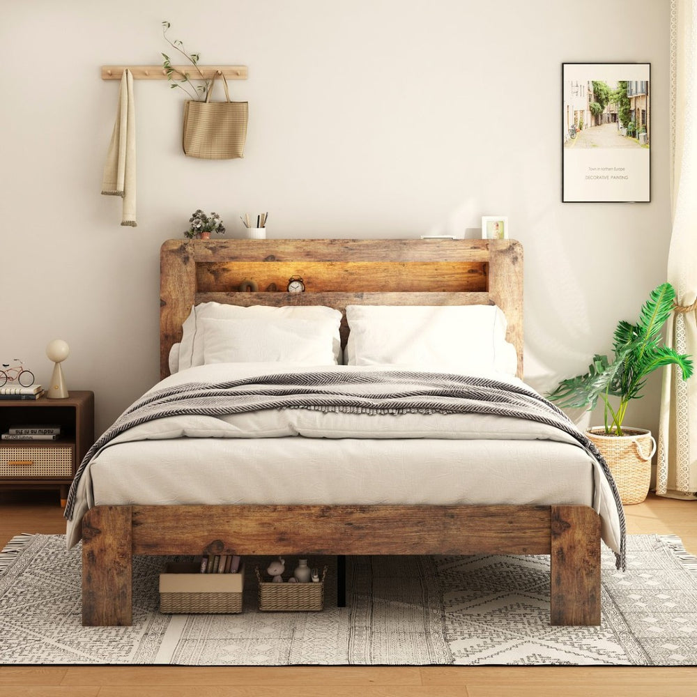 English Elm Bed Full Platform Wood Frame with Led Headboard Usb Charging and Under Storage W636P297018
