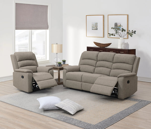 English Elm Modern Light Brown Burlap Fabric 3-Seater Manual Recliner Sofa — Padded Headrests, Armrests, Cozy Comfort B011133848