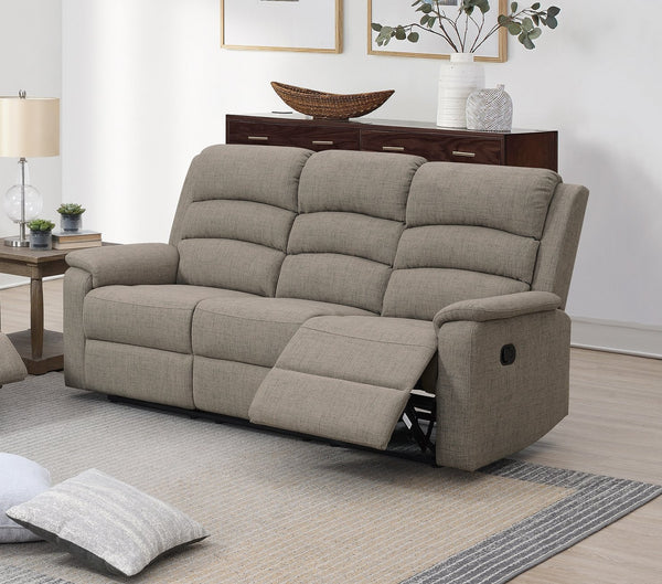 English Elm Modern Light Brown Burlap Fabric 3-Seater Manual Recliner Sofa — Padded Headrests, Armrests, Cozy Comfort B011133848