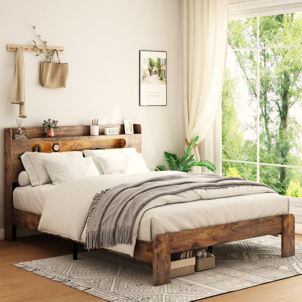 English Elm Bed Frame Full Platform with Led Headboard Usb Charging Wood Slats Under Storage W636131366