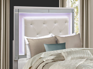English Elm Metallic White Queen Bed with LED Backlit Tufted Headboard, Alligator Embossed Mirrors & Crystals B011S00572