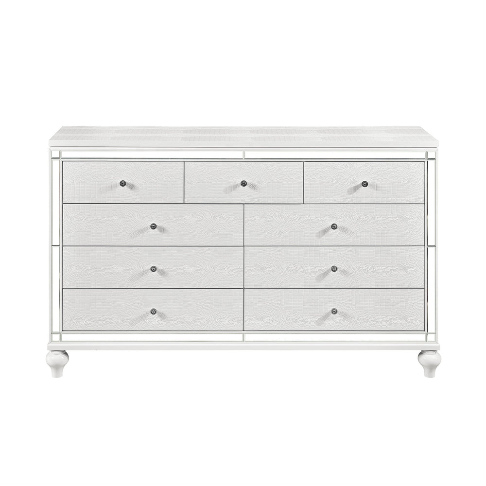 English Elm Glamorous Metallic White Alonza Dresser 9-Drawer with Embossed Alligator Texture, Inlay Mirror Accents B011133816