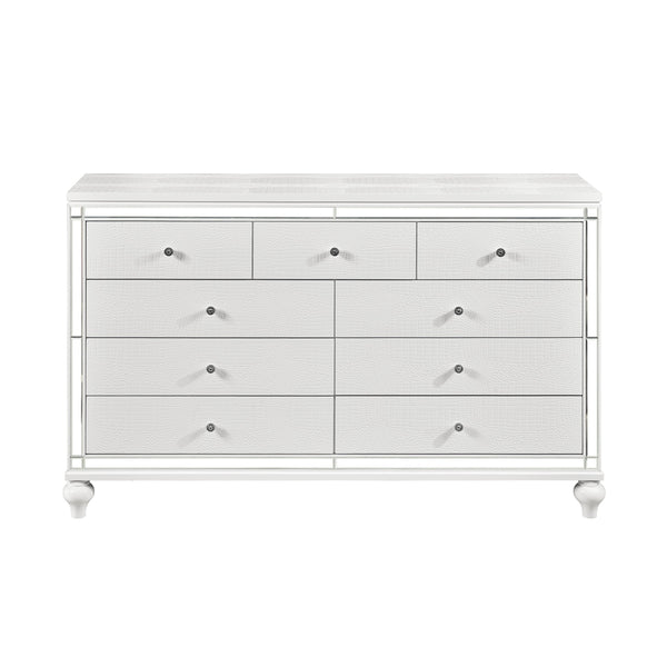 English Elm Glamorous Metallic White Alonza Dresser 9-Drawer with Embossed Alligator Texture, Inlay Mirror Accents B011133816