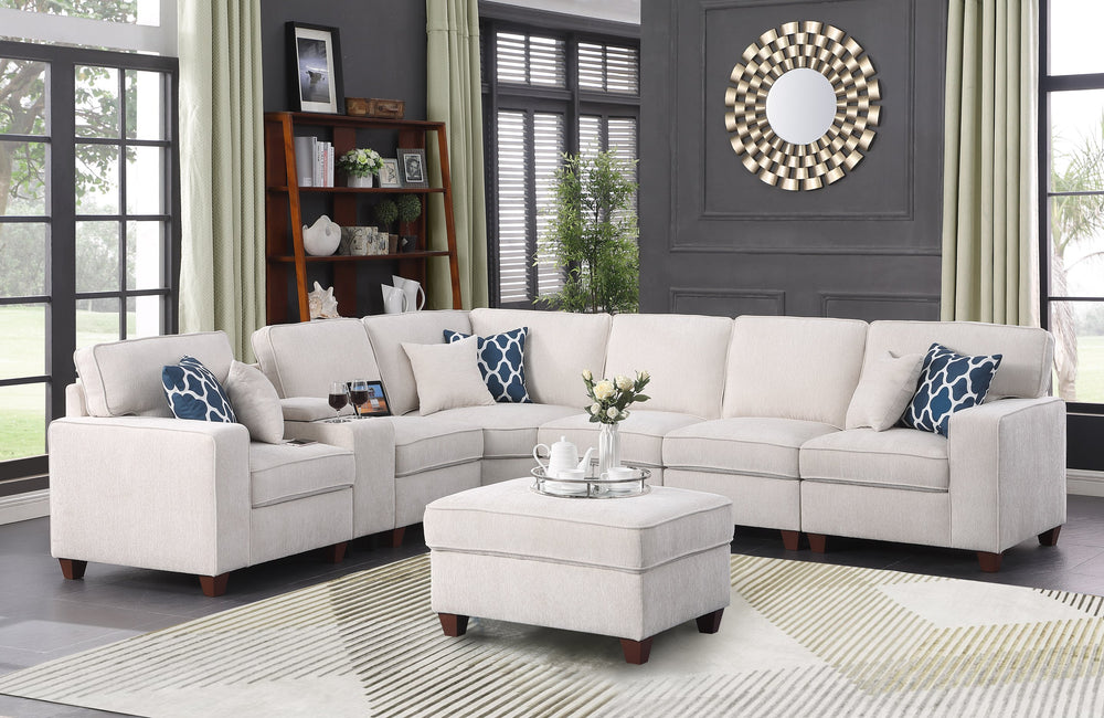 English Elm Rene Beige Chenille Sectional Sofa with Ottoman, USB Cupholder Console, Removable Cushions, Versatile Rearrangeable Arms B102S00030