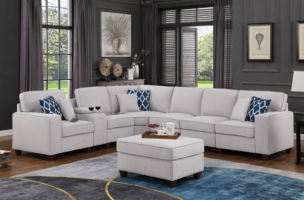 English Elm Sam Light Gray Sectional Sofa with Ottoman, Linen Upholstery, USB Cupholder Console, Removable Cushions B102S00032