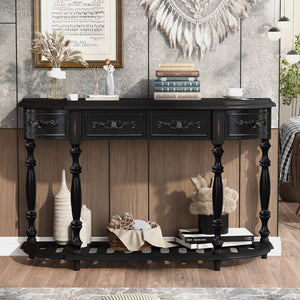 English Elm U_style Curved Console Table with Roman Legs Four Drawers Open Shelf Entryway Accent Black N711P186862B
