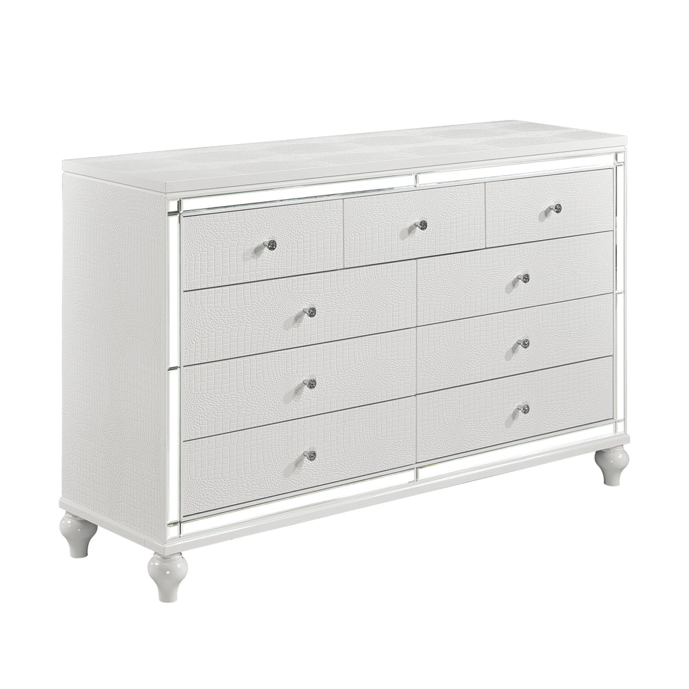 English Elm Glamorous Metallic White Alonza Dresser 9-Drawer with Embossed Alligator Texture, Inlay Mirror Accents B011133816