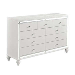 English Elm Glamorous Metallic White Alonza Dresser 9-Drawer with Embossed Alligator Texture, Inlay Mirror Accents B011133816