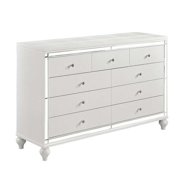 English Elm Glamorous Metallic White Alonza Dresser 9-Drawer with Embossed Alligator Texture, Inlay Mirror Accents B011133816