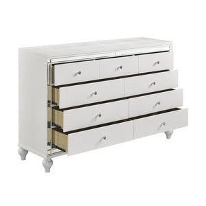 English Elm Glamorous Metallic White Alonza Dresser 9-Drawer with Embossed Alligator Texture, Inlay Mirror Accents B011133816