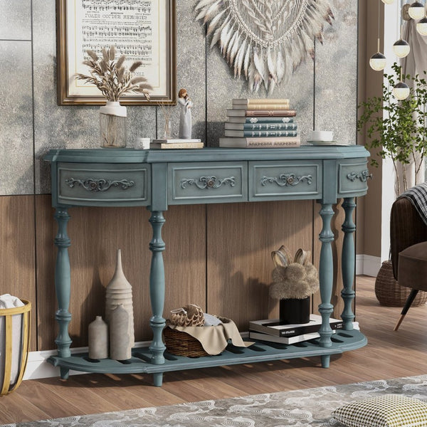 English Elm U_style Curved Console Table with Roman Legs Four Drawers Open Shelf Entryway Accent Antique Blue N711P186862C
