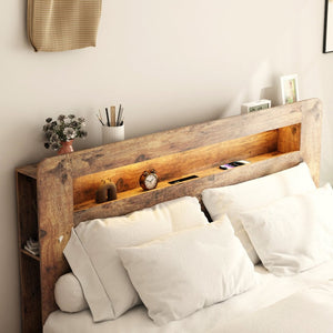 English Elm Bed Queen Platform Frame Dark Brown Wood Led Headboard Usb Charging Ports Storage W636P297028