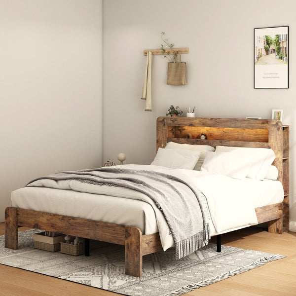 English Elm Bed Queen Platform Frame Dark Brown Wood Led Headboard Usb Charging Ports Storage W636P297020