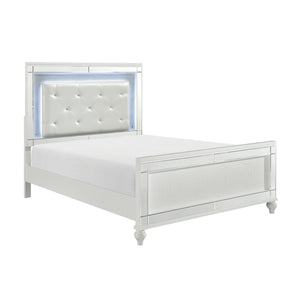 English Elm Metallic White Queen Bed with LED Backlit Tufted Headboard, Alligator Embossed Mirrors & Crystals B011S00572