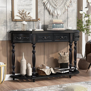 English Elm U_style Curved Console Table with Roman Legs Four Drawers Open Shelf Entryway Accent Black N711P186862B