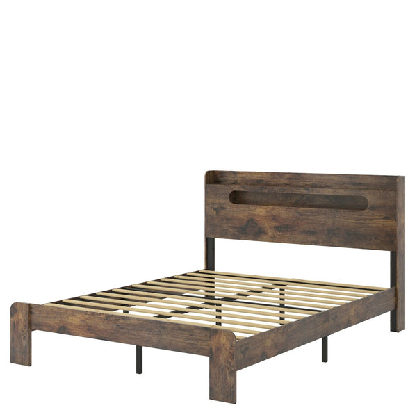 English Elm Bed Frame Full Platform with Led Headboard Usb Charging Wood Slats Under Storage W636131366