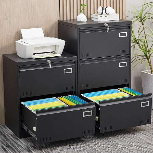 English Elm 2 Drawer Locking Metal File Cabinet Matte Black Powder Coat for Modern Home Office W1247P160450