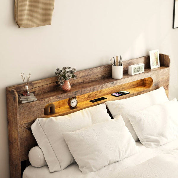 English Elm Bed Frame Full Platform with Led Headboard Usb Charging Wood Slats Under Storage W636131366