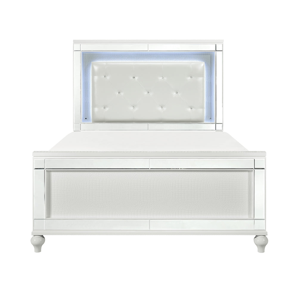 English Elm Metallic White Queen Bed with LED Backlit Tufted Headboard, Alligator Embossed Mirrors & Crystals B011S00572