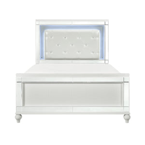 English Elm Metallic White Queen Bed with LED Backlit Tufted Headboard, Alligator Embossed Mirrors & Crystals B011S00572