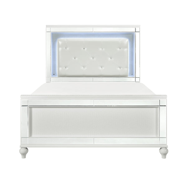 English Elm Metallic White Queen Bed with LED Backlit Tufted Headboard, Alligator Embossed Mirrors & Crystals B011S00572