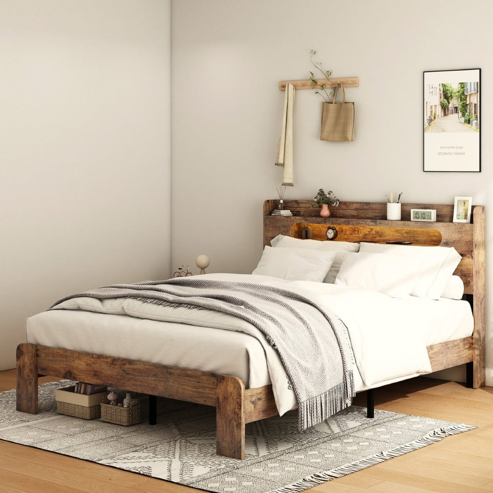 English Elm Bed Frame Full Platform with Led Headboard Usb Charging Wood Slats Under Storage W636131366