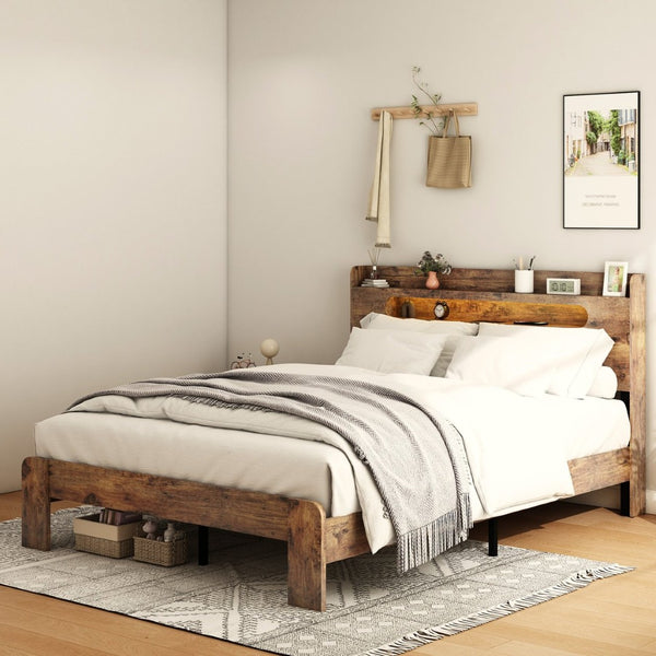 English Elm Bed Frame Full Platform with Led Headboard Usb Charging Wood Slats Under Storage W636131366