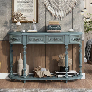English Elm U_style Curved Console Table with Roman Legs Four Drawers Open Shelf Entryway Accent Antique Blue N711P186862C
