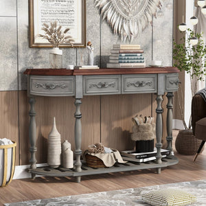 English Elm U_style Curved Console Table with Roman Legs Four Drawers Open Shelf Entryway Accent Antique Grey N711P186862E