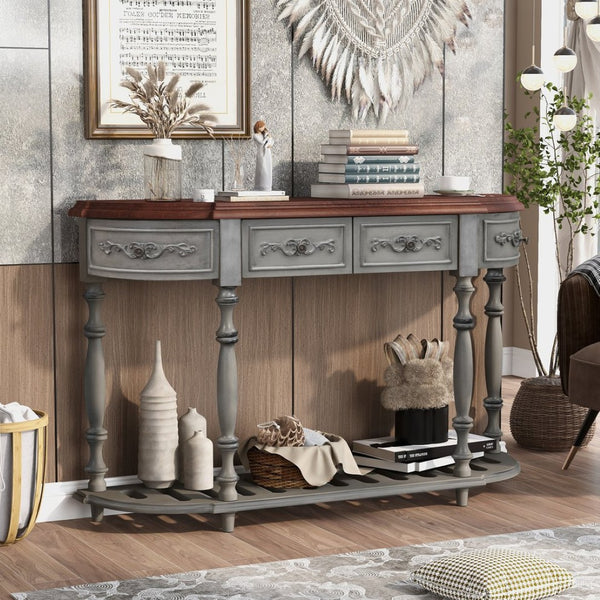 English Elm U_style Curved Console Table with Roman Legs Four Drawers Open Shelf Entryway Accent Antique Grey N711P186862E