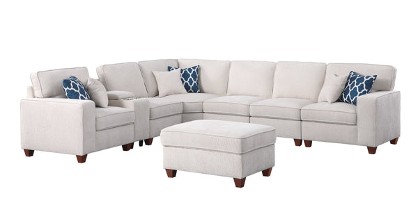 English Elm Rene Beige Chenille Sectional Sofa with Ottoman, USB Cupholder Console, Removable Cushions, Versatile Rearrangeable Arms B102S00030