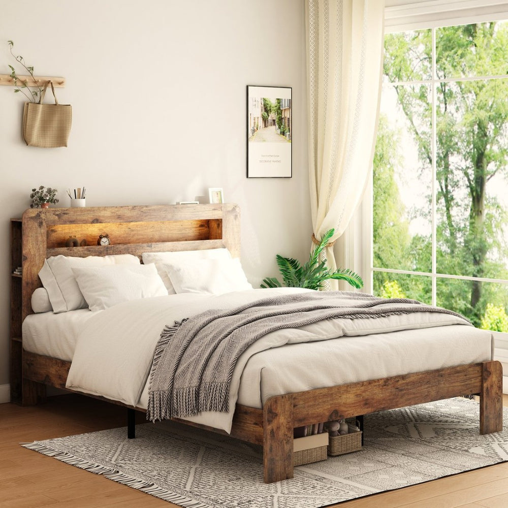 English Elm Bed Full Platform Wood Frame with Led Headboard Usb Charging and Under Storage W636P297018