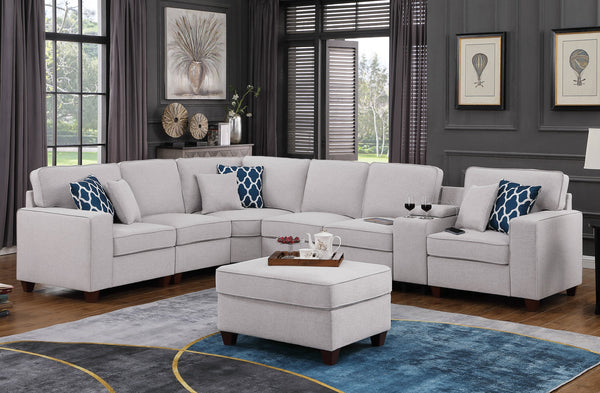 English Elm Sam Light Gray Sectional Sofa with Ottoman, Linen Upholstery, USB Cupholder Console, Removable Cushions B102S00032